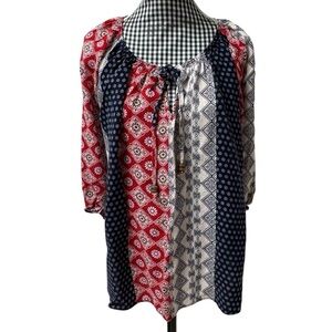 Rue JuJu Patriotic Rhapsody Red, White, Blue, Patchwork Tunic Blouse Tie Neck S